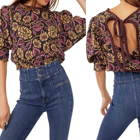 FP Boho No Ordinary Black Combo Puff Sleeve Open Back Tied Top - Picture 1 of 14